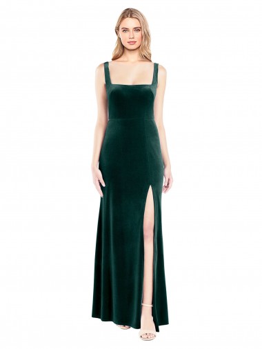 Mejores Verde oscuro línea A Cuadrado Terciopelo Elástico Largo Vestidos de dama de honor / Vestidos de fiesta