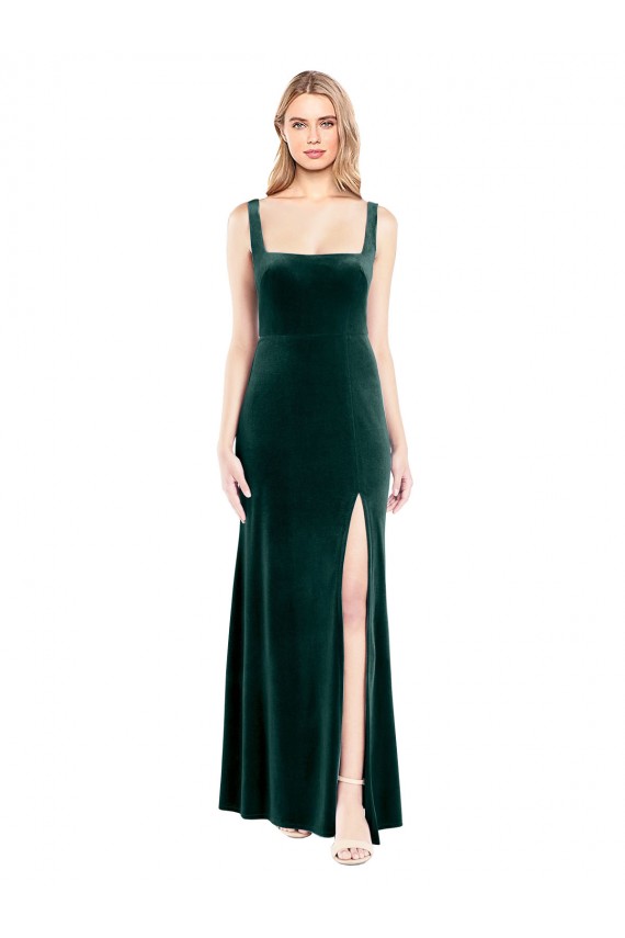 Mejores Verde oscuro línea A Cuadrado Terciopelo Elástico Largo Vestidos de dama de honor / Vestidos de fiesta