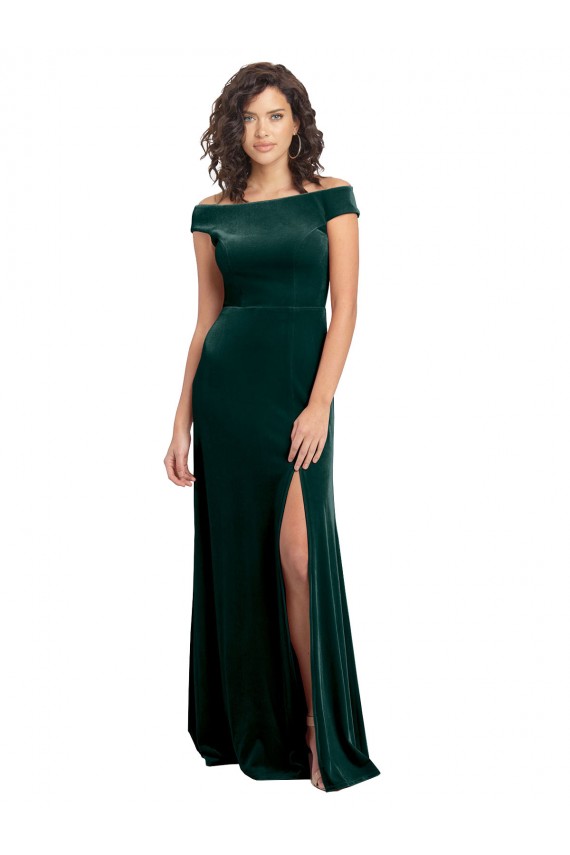 Mejores Verde oscuro línea A Cuadrado Terciopelo Elástico Largo Formales Vestidos de dama de honor / Vestidos de fiesta
