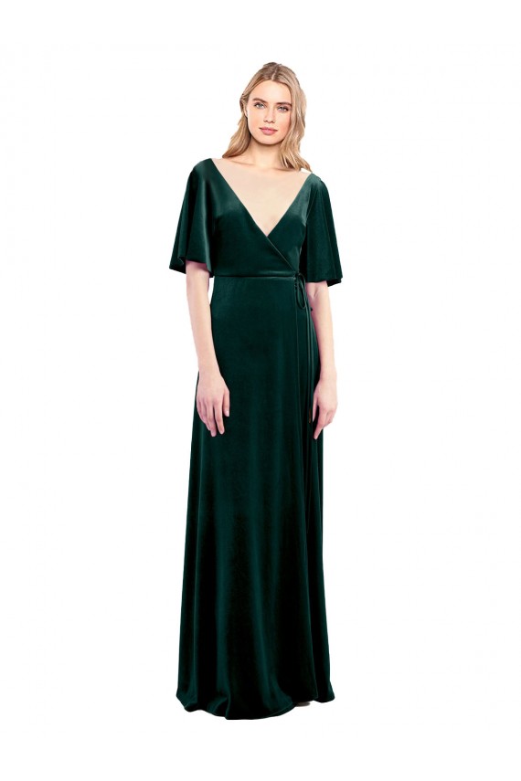 Mejores Verde oscuro línea A Cuello en V Terciopelo Elástico Largo Vestidos de dama de honor / Vestidos de fiesta