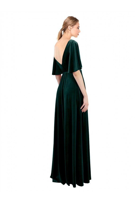 Mejores Verde oscuro línea A Cuello en V Terciopelo Elástico Largo Vestidos de dama de honor / Vestidos de fiesta