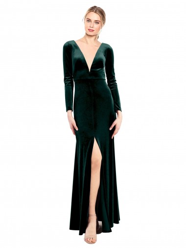 Mejores Verde oscuro línea A Cuello en V Terciopelo Elástico Largo Vestidos de dama de honor / Vestidos de fiesta