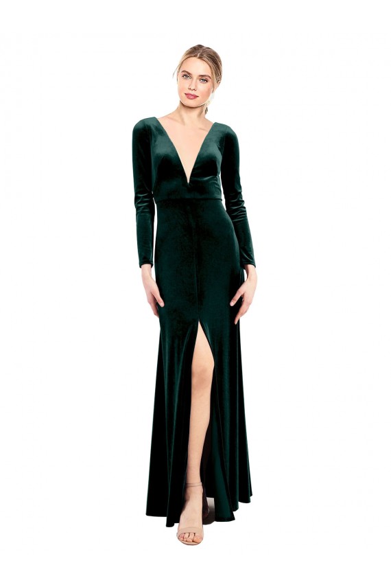 Mejores Verde oscuro línea A Cuello en V Terciopelo Elástico Largo Vestidos de dama de honor / Vestidos de fiesta