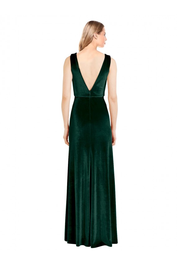 Mejores Verde oscuro línea A Cuello en V Terciopelo Elástico Largo Formales Vestidos de dama de honor / Vestidos de fiesta