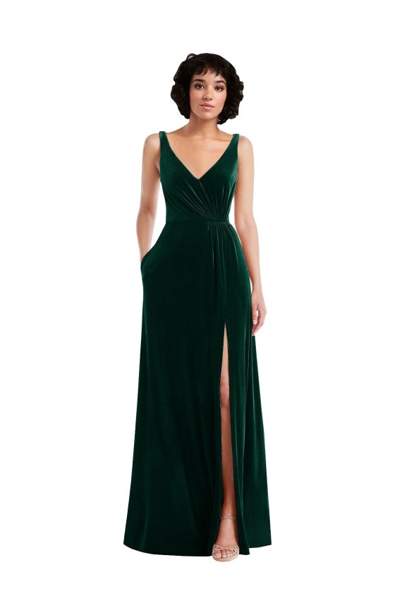 Mejores Verde oscuro línea A Cuello en V Terciopelo Elástico Largo Vestidos de dama de honor / Vestidos de fiesta