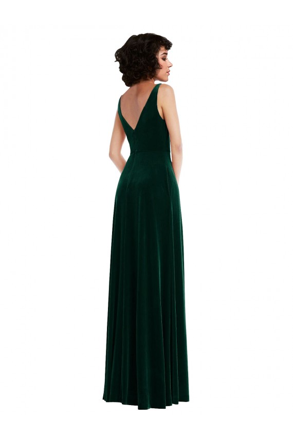 Mejores Verde oscuro línea A Cuello en V Terciopelo Elástico Largo Vestidos de dama de honor / Vestidos de fiesta
