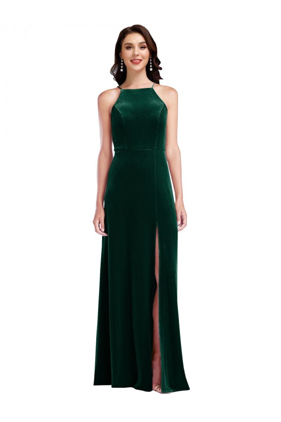 Mejores Verde oscuro línea A Halter Cuello Alto Terciopelo Elástico Largo Vestidos de dama de honor / Vestidos de fiesta