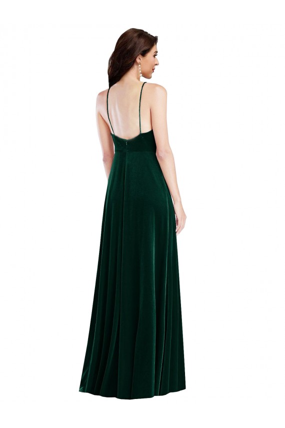 Mejores Verde oscuro línea A Halter Cuello Alto Terciopelo Elástico Largo Vestidos de dama de honor / Vestidos de fiesta
