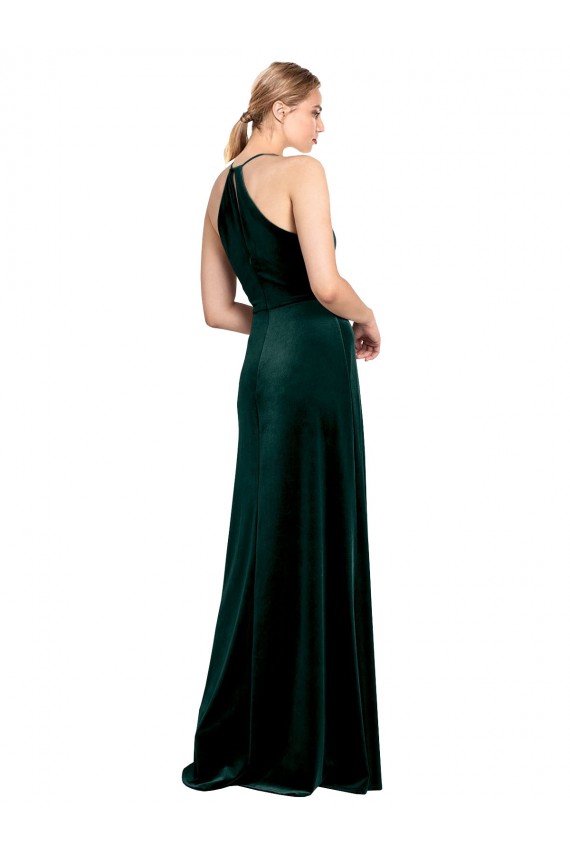 Mejores Verde oscuro línea A Tirantes espagueti Cuello joya Terciopelo Elástico Largo Vestidos de dama de honor / Vestidos de fiesta