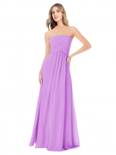 Mejores Violeta línea A Sin tirantes Gasa Largo Vestidos de dama de honor