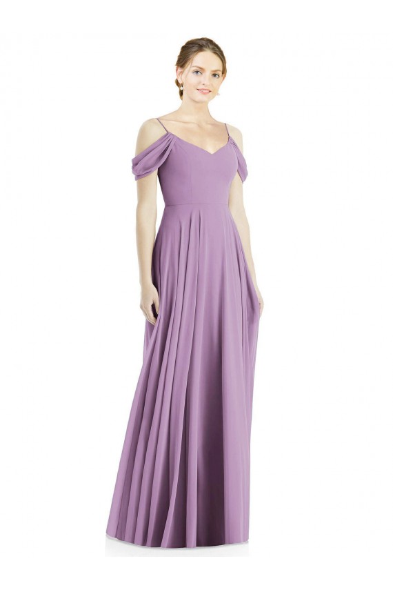 Mejores lavanda oscura línea A Hombros Descubiertos Tirantes espagueti Gasa Largo Vestidos de dama de honor