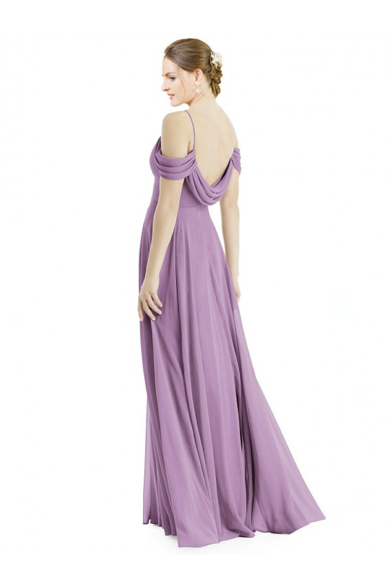 Mejores lavanda oscura línea A Hombros Descubiertos Tirantes espagueti Gasa Largo Vestidos de dama de honor