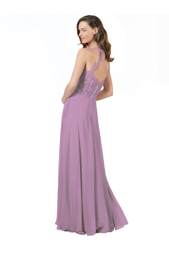 Mejores lavanda oscura línea A Tirantes espagueti Gasa Encaje Largo Vestidos de dama de honor