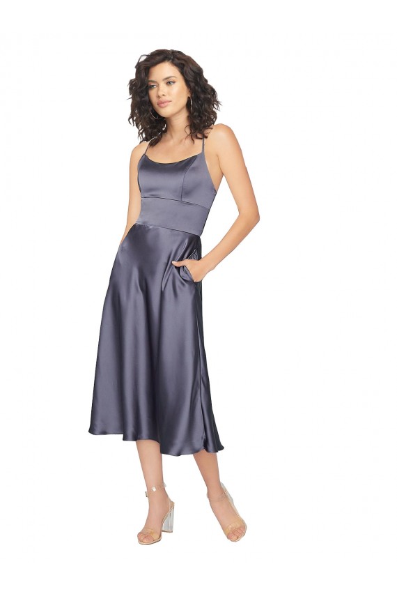 Mejores línea A Cucharón Midi Satén sedoso Corto Vestidos de dama de honor / Vestidos de fiesta / Vestidos de cóctel