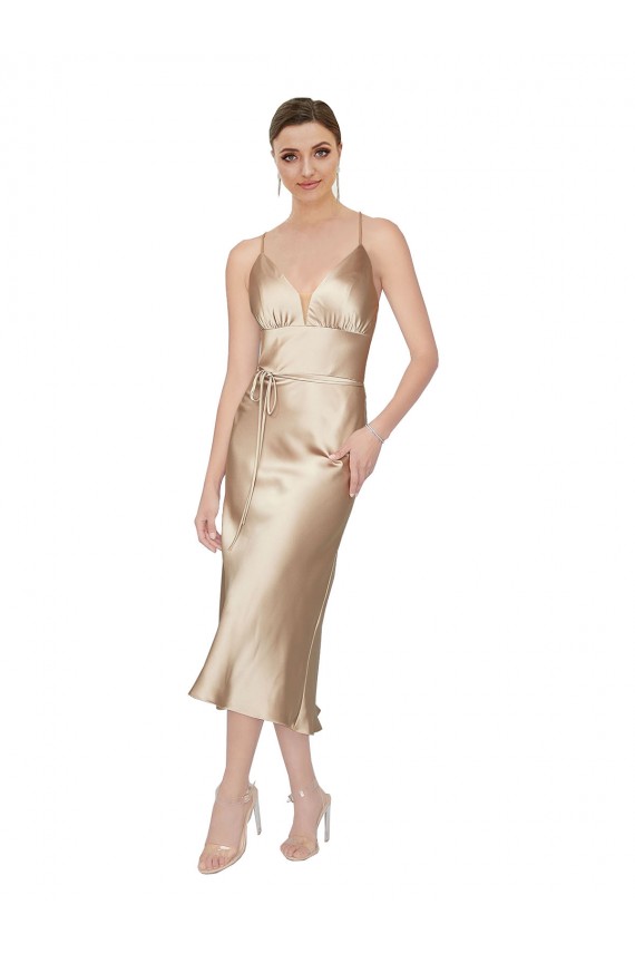 Mejores línea A Cuello en V Midi Satén sedoso Corto Formales Vestidos de dama de honor / Vestidos de fiesta / Vestidos de cóctel
