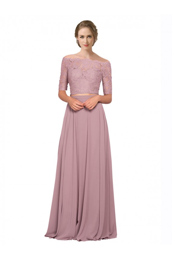 Mejores línea A Hombros Descubiertos Gasa Encaje Largo Vestidos de dama de honor / Vestidos de fiesta
