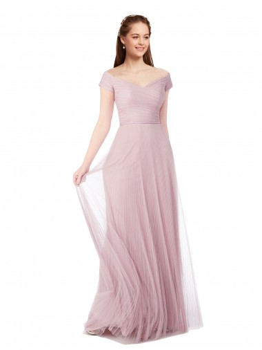 Mejores línea A Hombros Descubiertos Tul Largo Vestidos de dama de honor